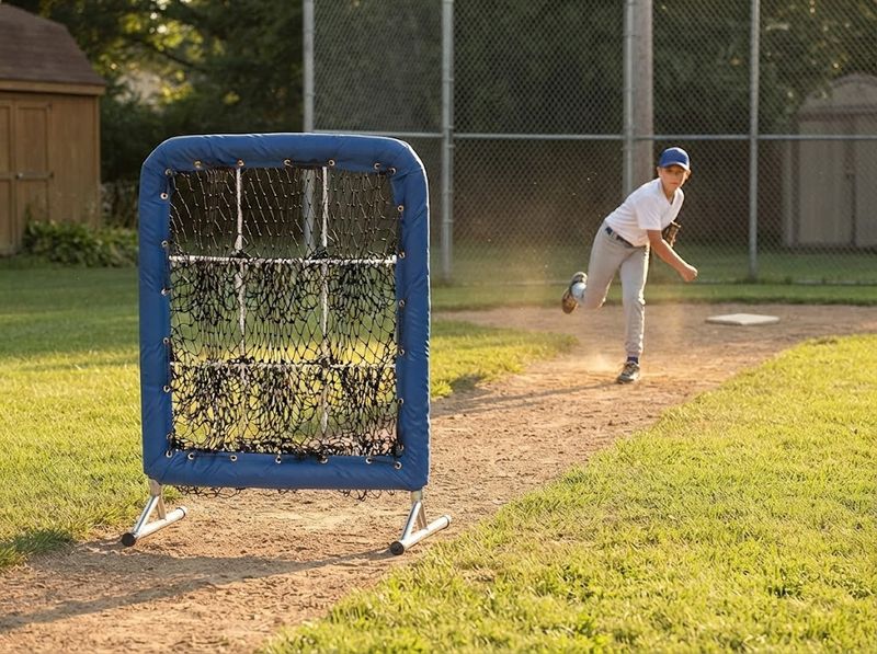 Steel-framed 9-hole pitching net standing on a backyard lawn at golden hour, o