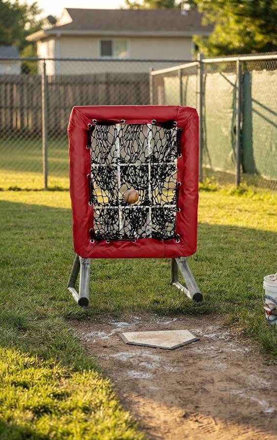 Coach with a clipboard beside a youth pitcher mid-windup, pitching target with